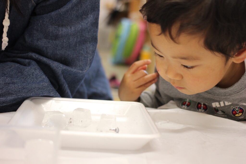 氷の中を観察する子ども