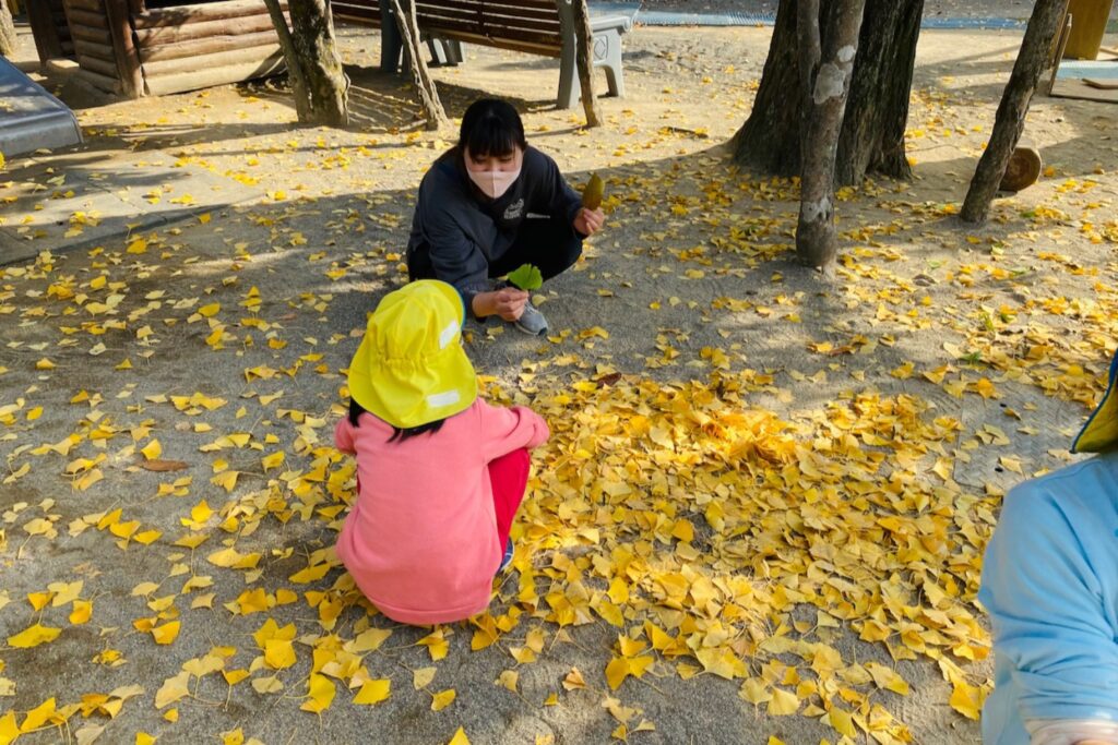 子どもがイチョウの葉を拾っている様子